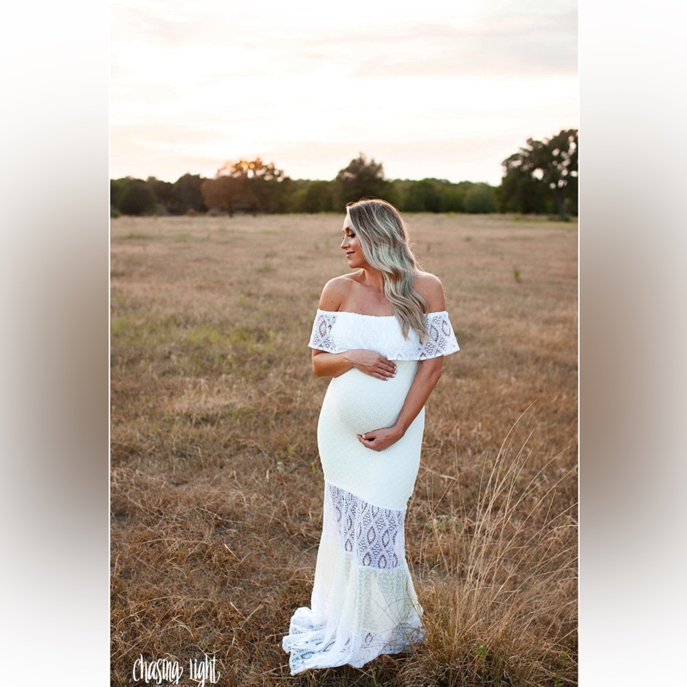 White lace off the shoulder maxi dress